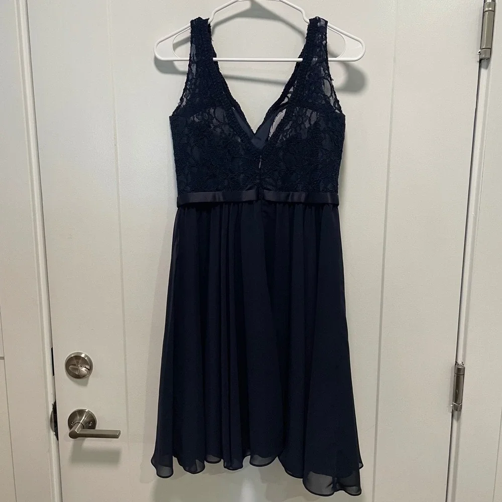 Mori Lee Madeline Gardner Navy Blue Lace Chiffon Cocktail Dress 10 Bridesmaid